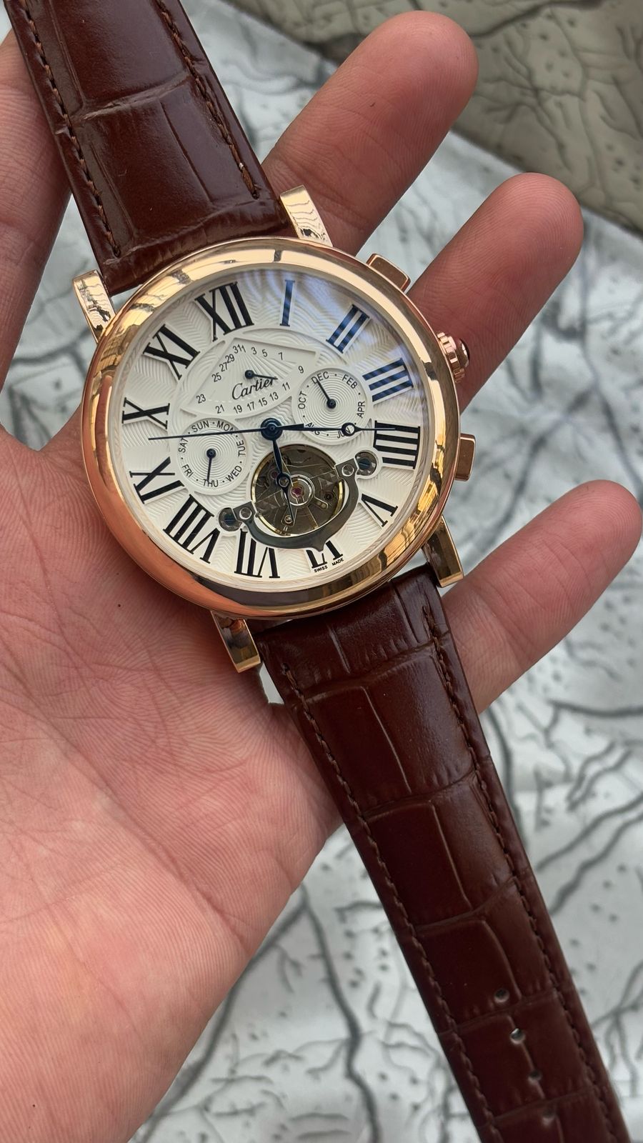 Cartier Automatic White Dial Leather Belt Watch For Men