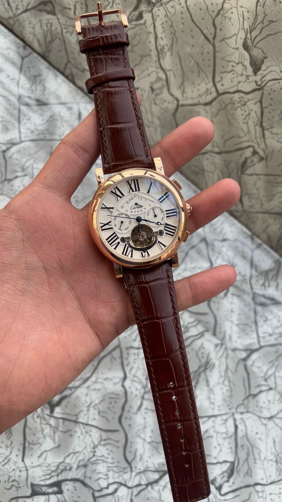 Cartier Automatic White Dial Leather Belt Watch For Men