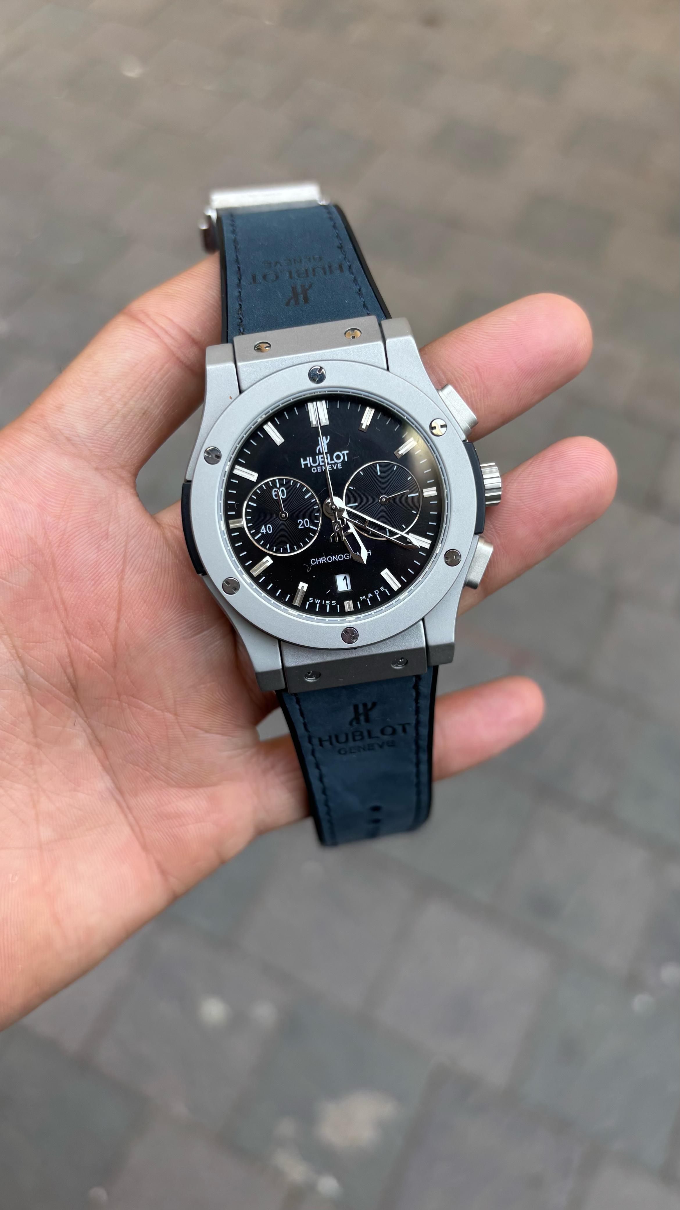 Hublot Silver Black Dial Chronograph Blue Leather Belt Watch For Men's