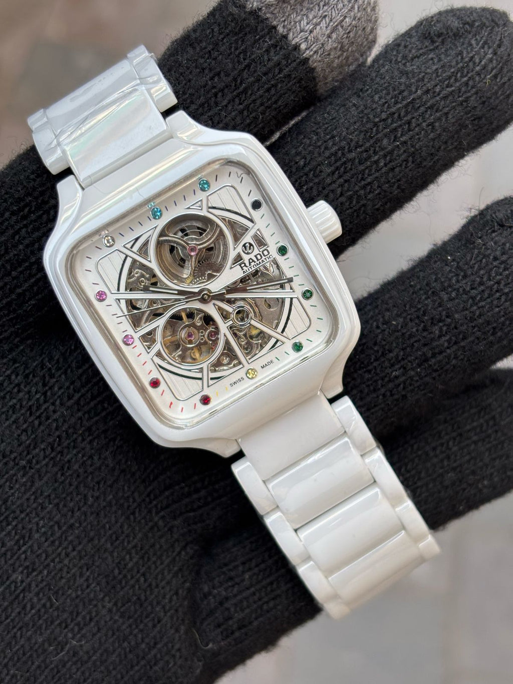 Rado White Rainbow Dial Ceramic Automatic Open Heart Men's Watch