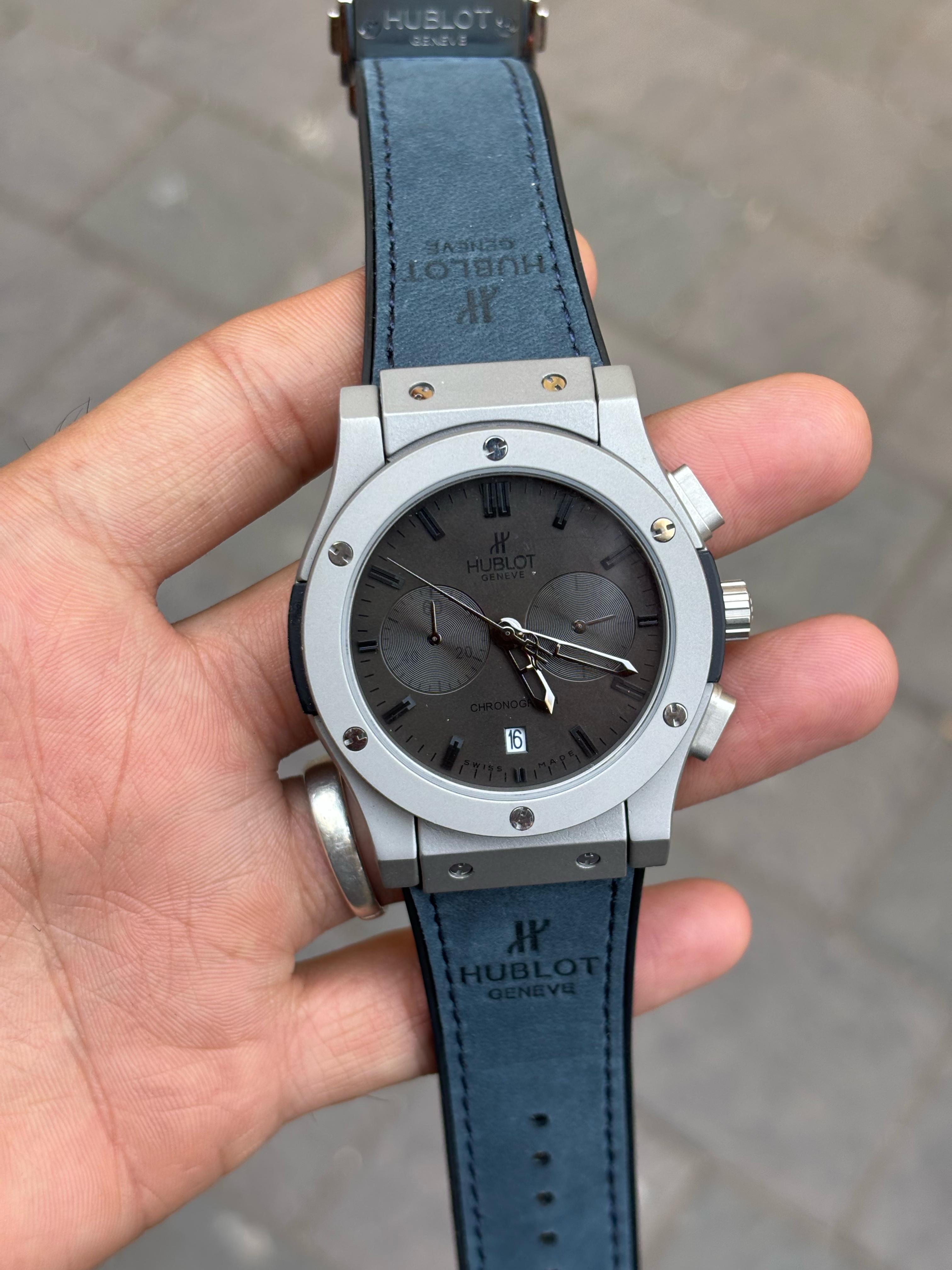 Hublot Black Dial Chronograph Blue Leather Belt Men's Watch