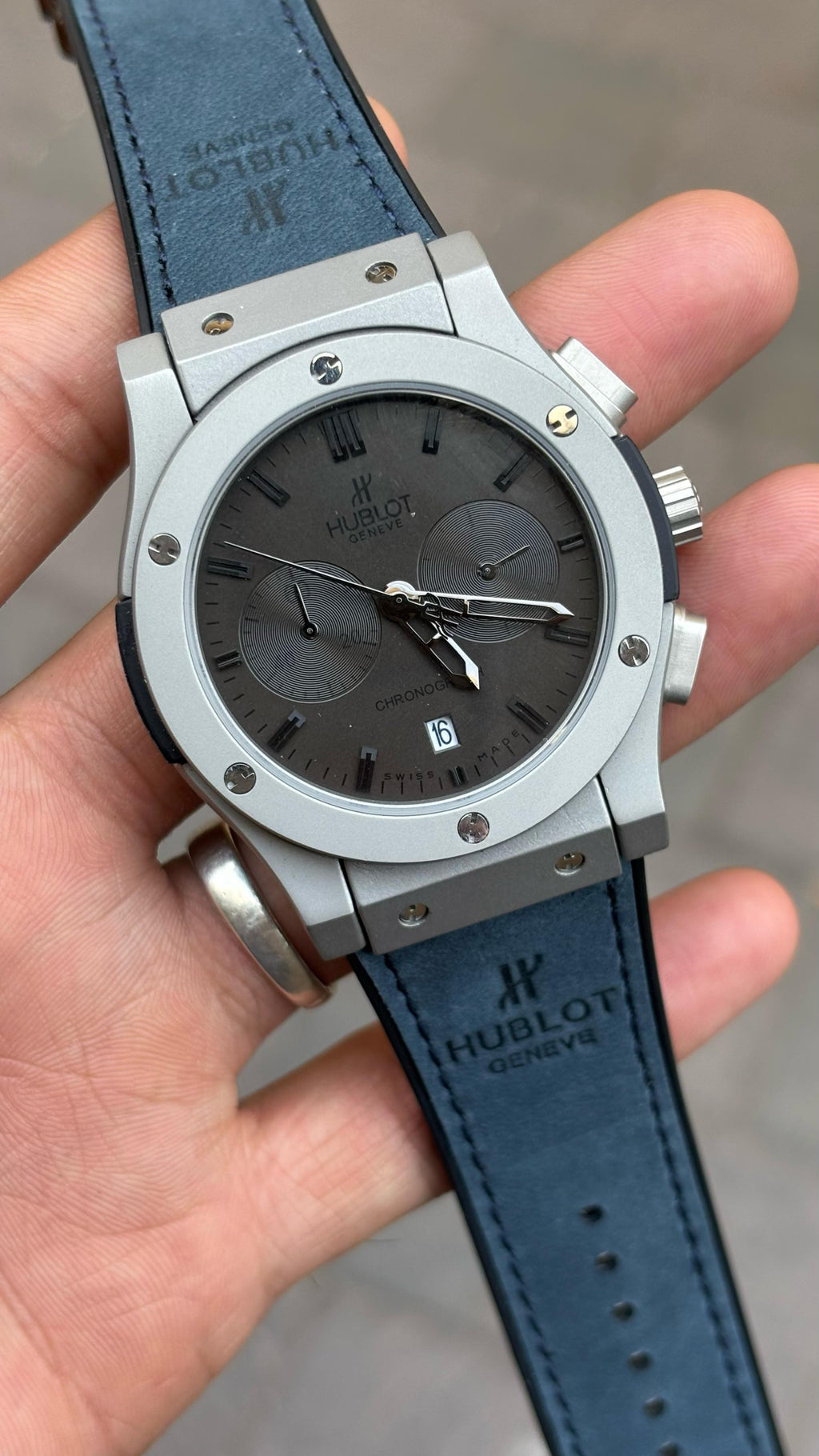 Hublot Black Dial Chronograph Blue Leather Belt Men's Watch