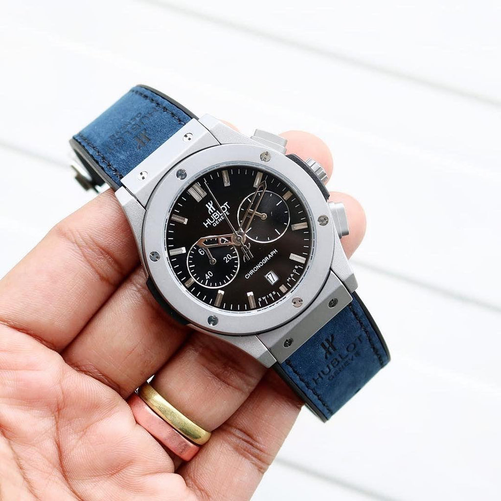Hublot Silver Black Dial Chronograph Blue Leather Belt Watch For Men's